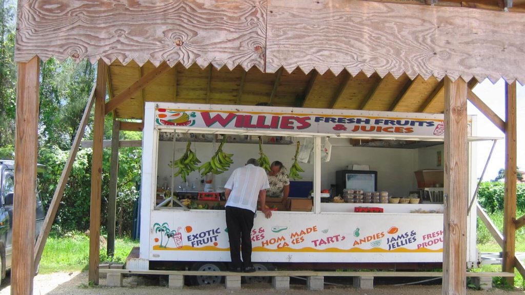 A man standing at a juice bar stand