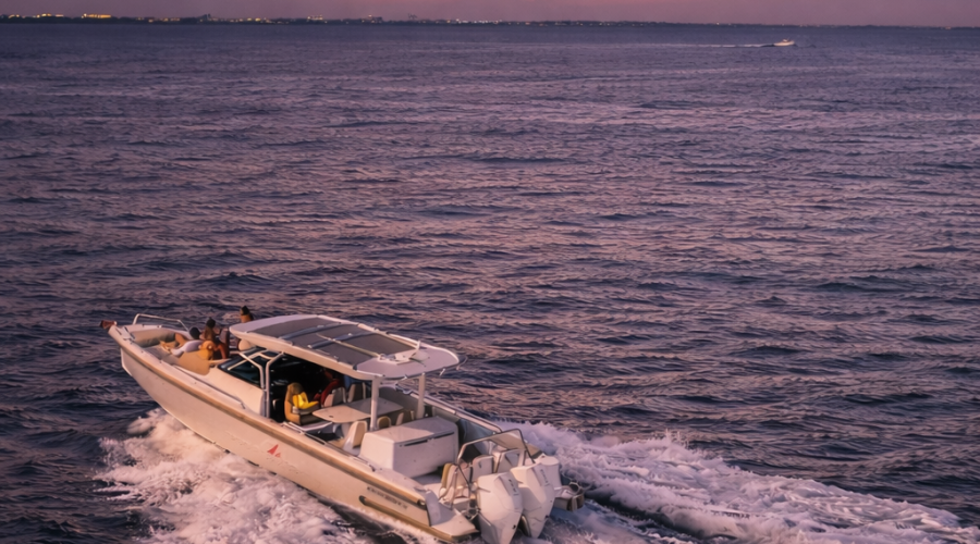 An aerial shot of a Red Sail Sports 37’ Axopar boat speeding through the ocean water surrounding Grand Cayman. We can see some people relaxing on the front section, with a few more sitting under the roof covering in the vessel’s midsection. It's twilight, so the sky is darkening and a dull orange at the horizon.